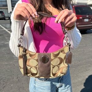 Coach F19218 Signature Stripe Demi Crossbody Purse brown tan patent leather trim